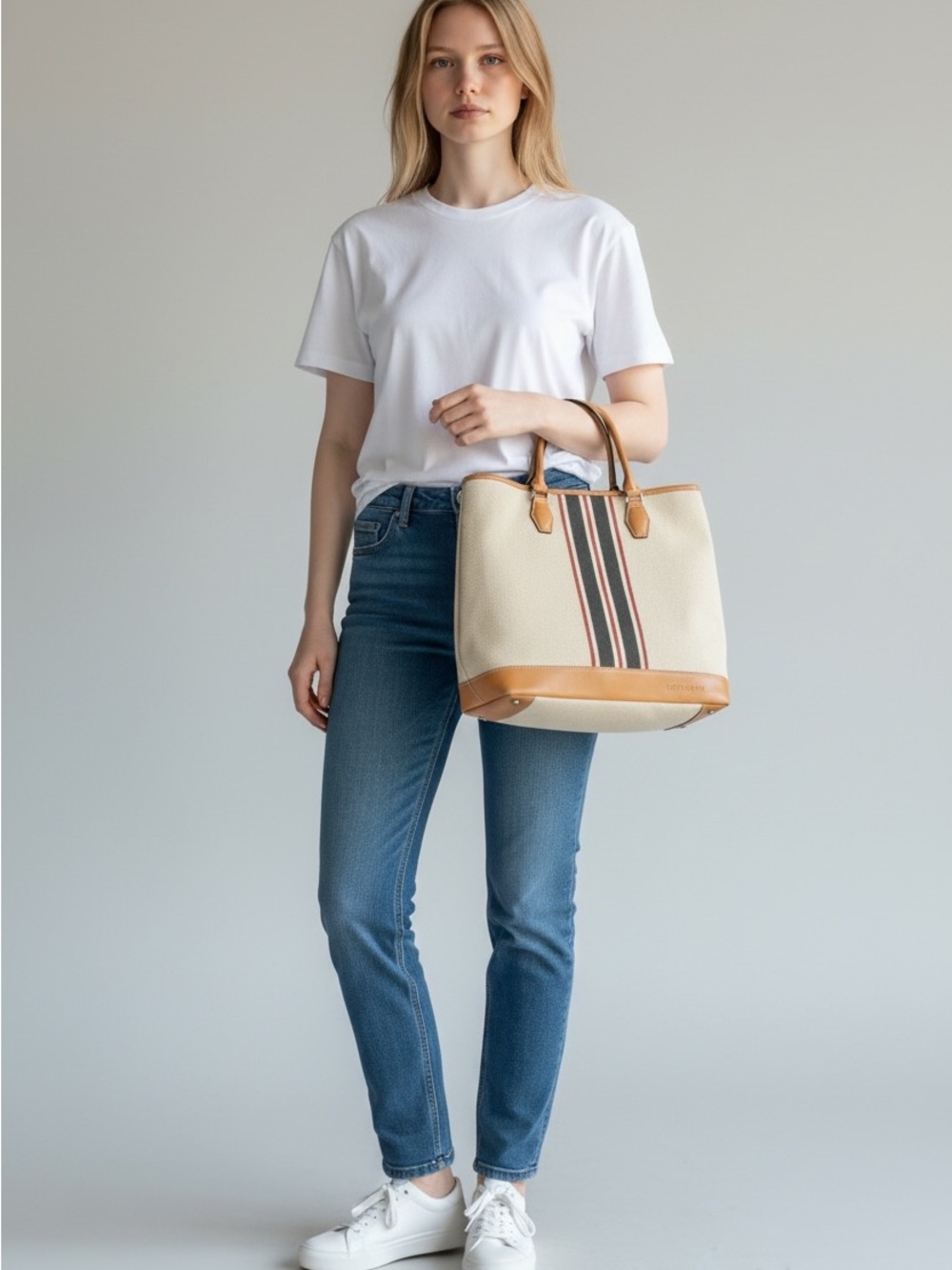 Longchamp Cream Canvas Tote with Tan Leather Trim and Navy/Red Center Stripe